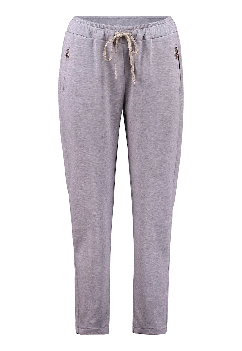 Pantaloni cu talie inalta si snur, Gri deschis melange