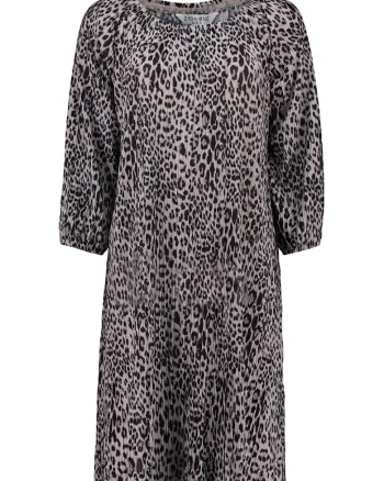 Rochie cu decilteu rotund si animal print, Negru/Bej deschis