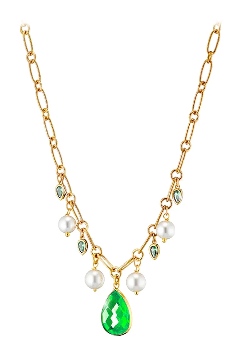 Colier placat cu aur de 18K cu zirconia, Auriu, Alb murdar, Auriu/Verde deschis/Alb murdar