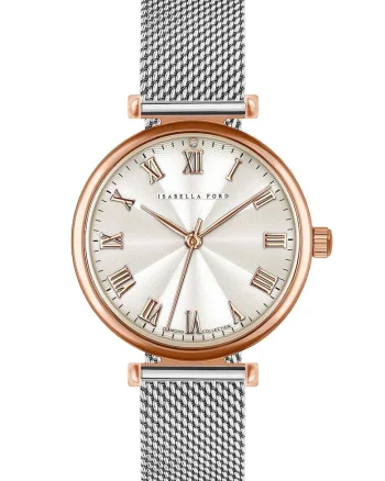 Ceas quartz decorat cu un diamant, Auriu rose/Argintiu