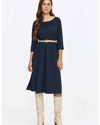 Rochie midi cu o curea impletita in talie, Bleumarin