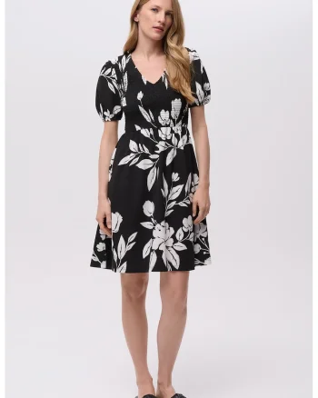 Rochie cu model floral si maneci bufante, Alb/Negru