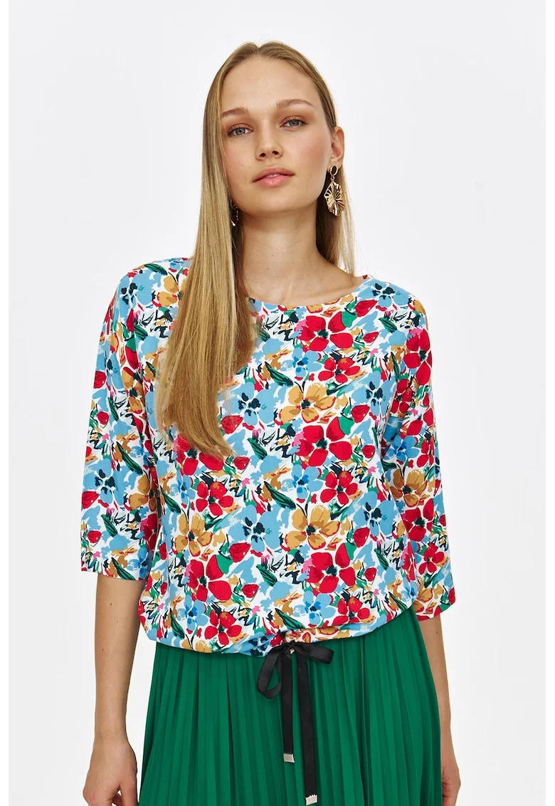 Bluza cu model floral si maneci medii, Rosu/Maro nisip/Albastru deschis