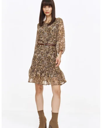 Rochie cu animal print si maneci medii, Negru/Maro deschis/Alb murdar