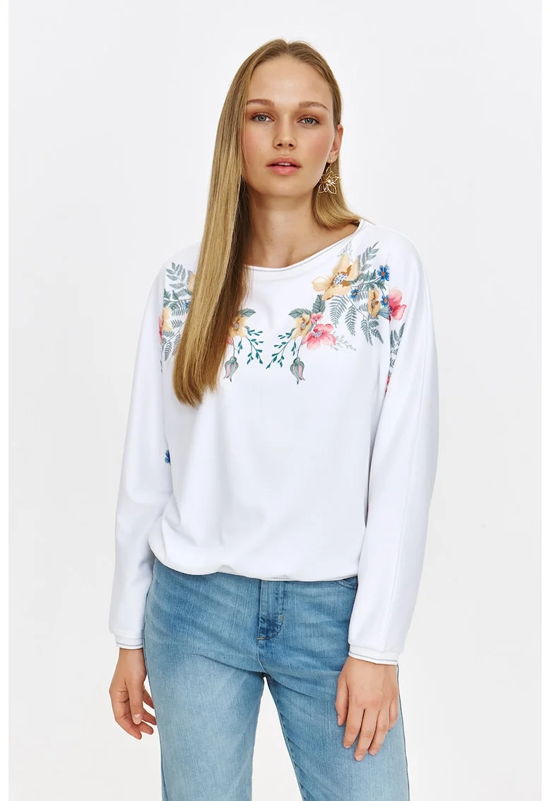 Bluza de trening cu imprimeu floral, Maro nisip/Alb optic/Verde persan