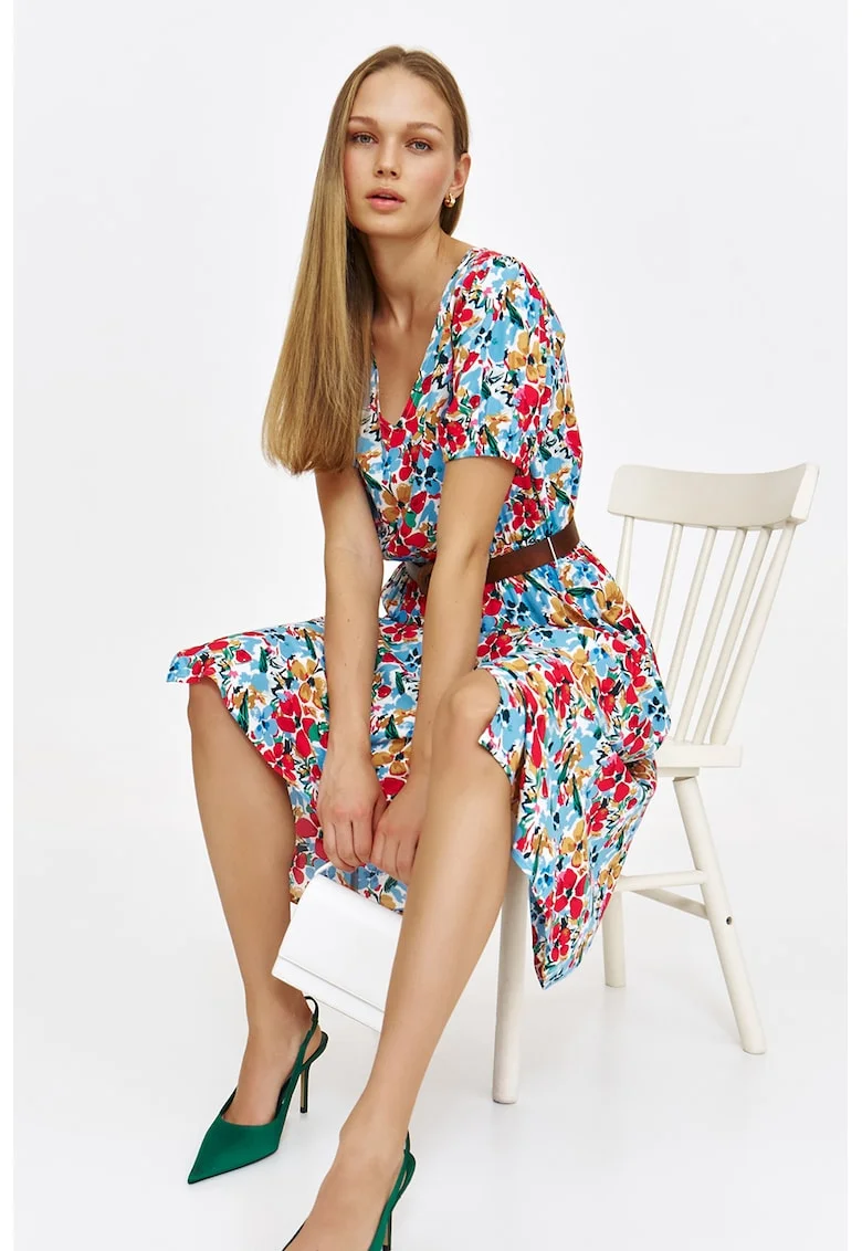 Rochie midi cu imprimeu floral, Rosu/Alb murdar/Albastru deschis