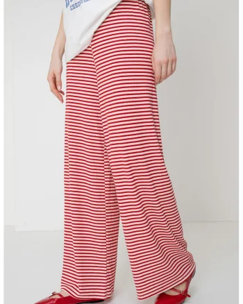 Pantaloni cu croiala ampla si model in dungi, Rosu/Alb murdar
