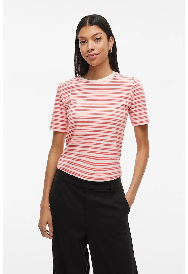 Tricou striat cu decolteu la baza gatului, Alb/Coral