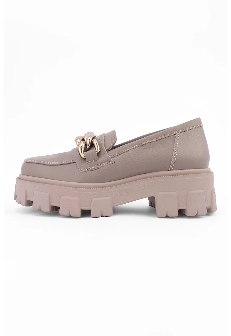 Pantofi loafer din piele cu detaliu cu lant metalic Astra, Auriu/Maro taupe