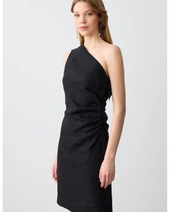 Rochie slim-fit din in cu decolteu pe un umar, Negru