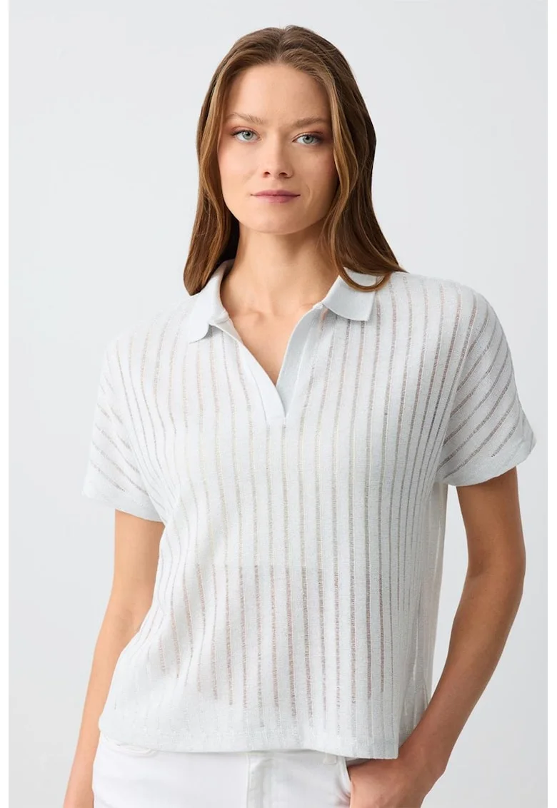Tricou polo cu dungi stralucitoare, Alb murdar/Transparent