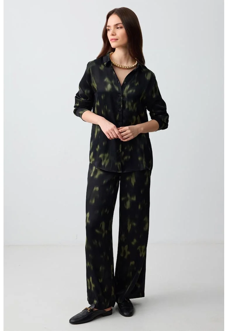 Pantaloni cu croiala ampla, model tie-dye si imprimeu, Verde/Negru