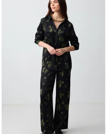 Pantaloni cu croiala ampla, model tie-dye si imprimeu, Verde/Negru