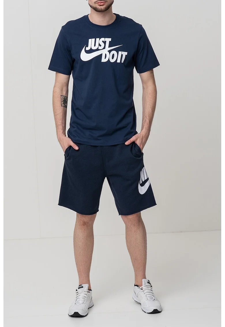 Tricou de bumbac cu imprimeu logo si text Swoosh, Alb/Bleumarin