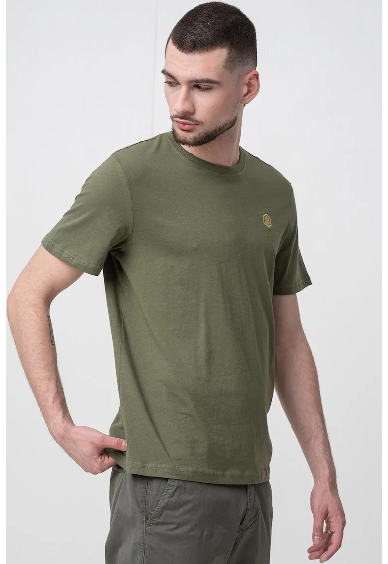 Tricou cu decolteu la baza gatului si logo brodat, Verde fistic