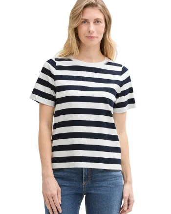 Tricou din amestec de bumbac organic cu model in dungi, Alb/Bleumarin