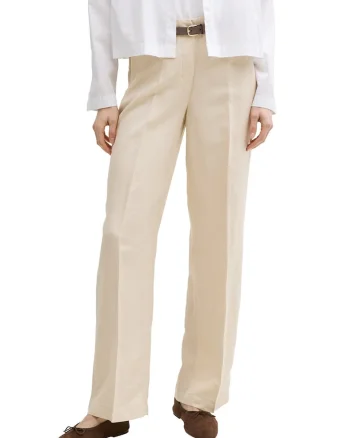 Pantaloni din amestec de in cu pliuri, Alb fildes