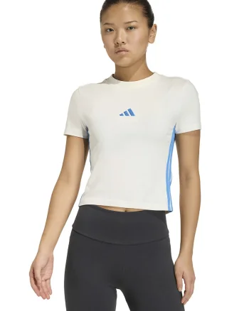 Tricou crop cu croiala slim-fit Essentials, Alb/Turcoaz