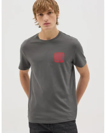 Tricou cu decolteu la baza gatului si model grafic pe spate, Gri inchis