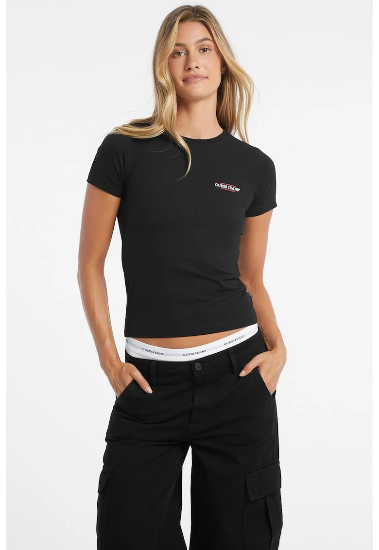 Tricou slim fit cu decolteu la baza gatului, Alb/Negru/Rosu stins