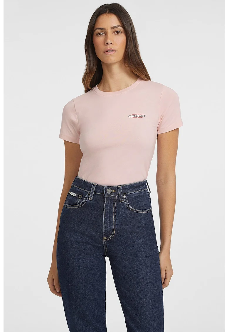 Tricou slim fit cu decolteu la baza gatului, Roz pal