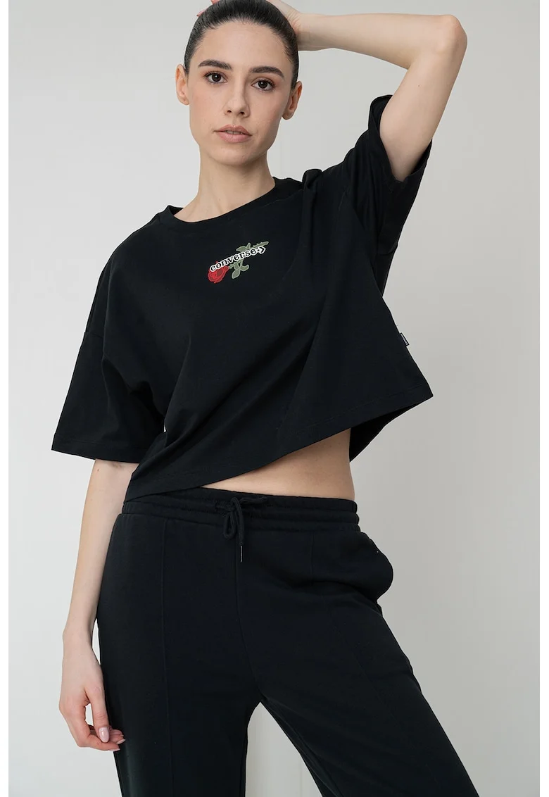 Tricou crop cu decolteu la baza gatului, Rosu/Verde/Negru
