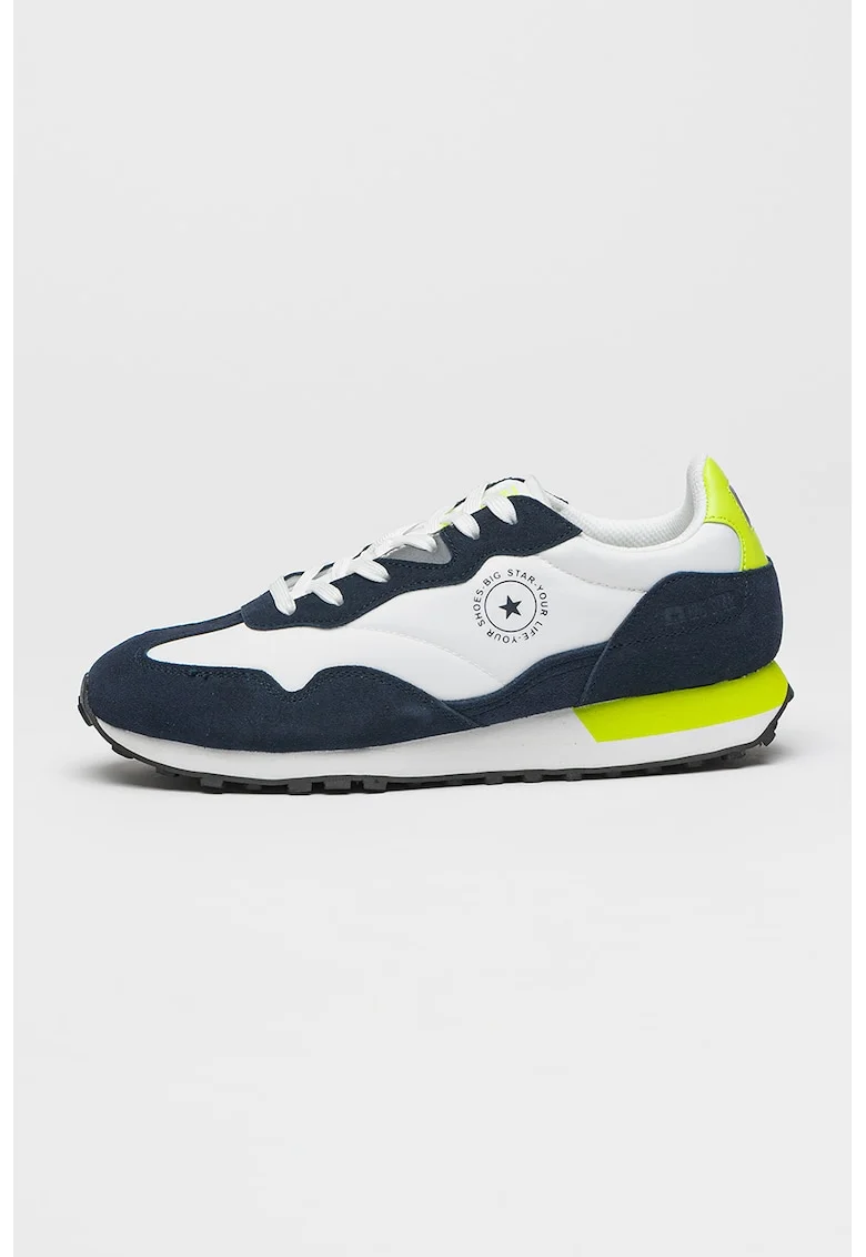 Pantofi sport cu logo si garnituri din piele intoarsa, Alb/Bleumarin