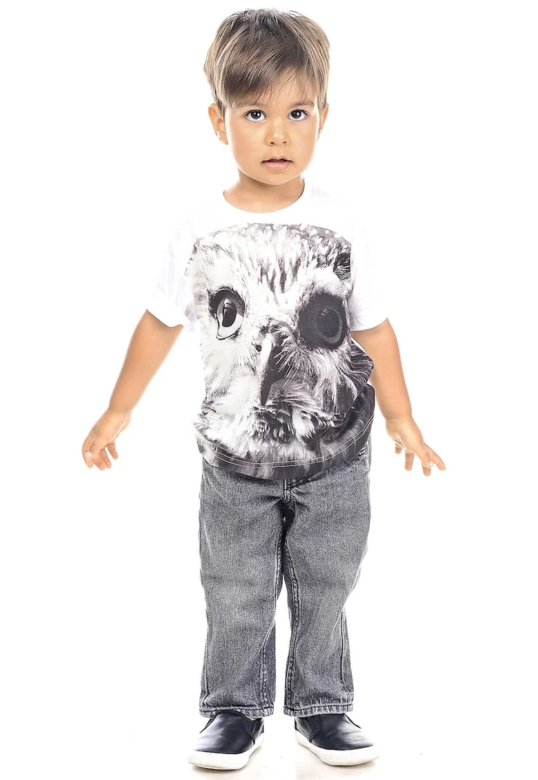 Tricou cu decolteu la baza gatului si model foto, Alb optic/Gri inchis
