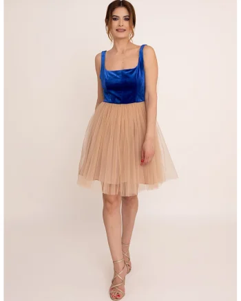 Rochie scurta cu funda Valeria, Albastru royal/Maro nisip