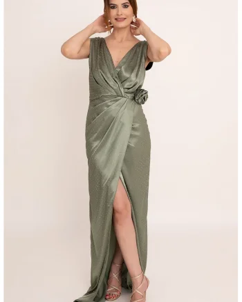 Rochie lunga din satin Lilith, Verde sparanghel