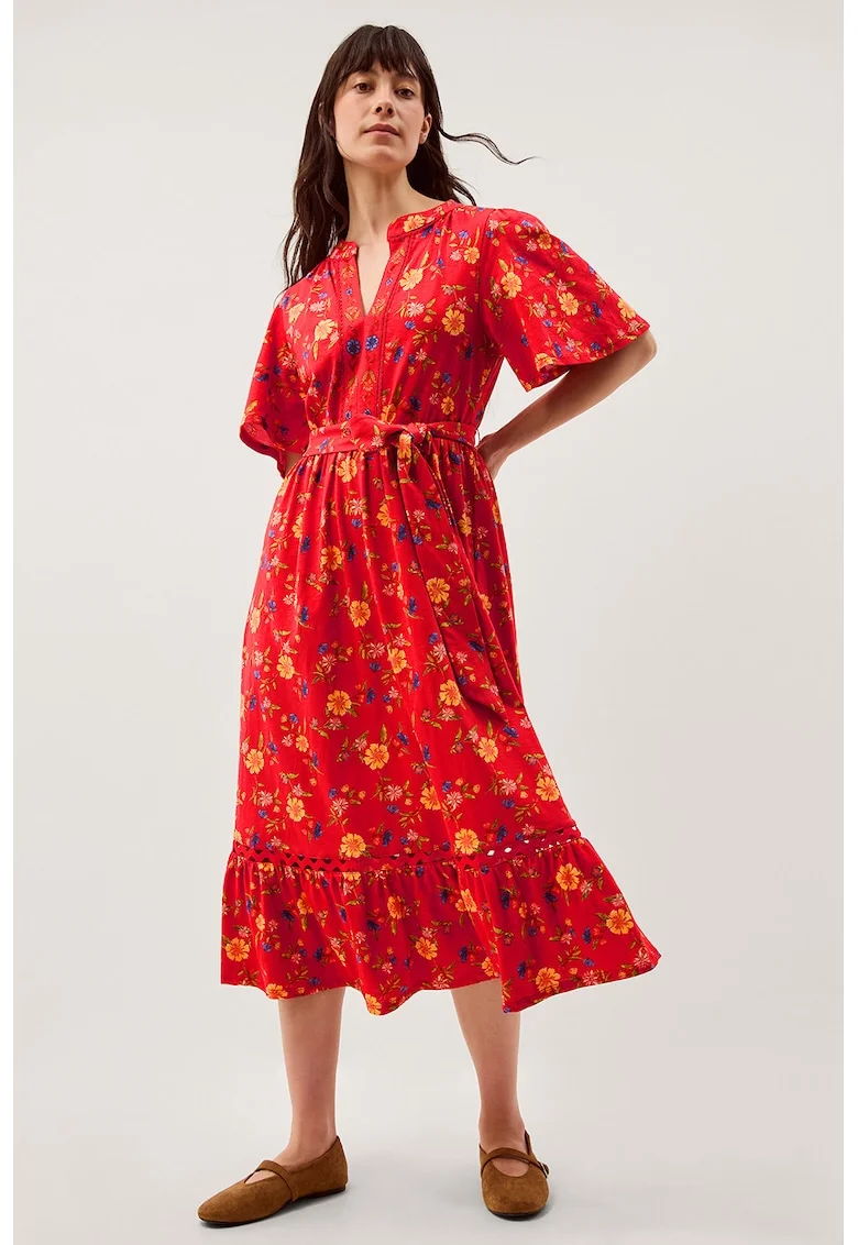 Rochie de bumbac cu model floral, Galben/Rosu vermillion/Albastru