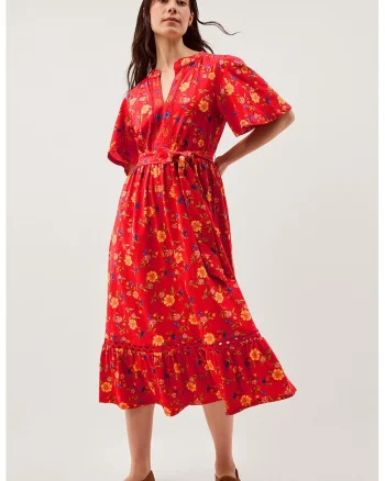 Rochie de bumbac cu model floral, Galben/Rosu vermillion/Albastru