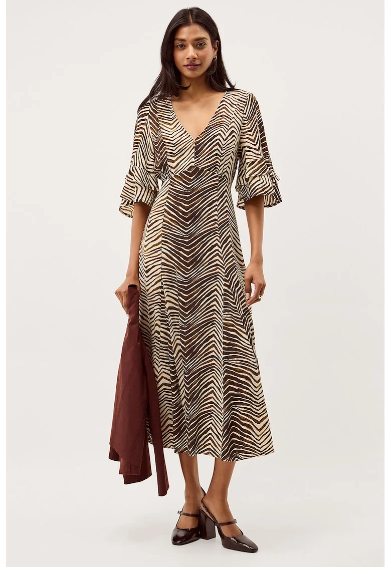 Rochie midi evazata cu decolteu in V, Crem/Maro pamantiu