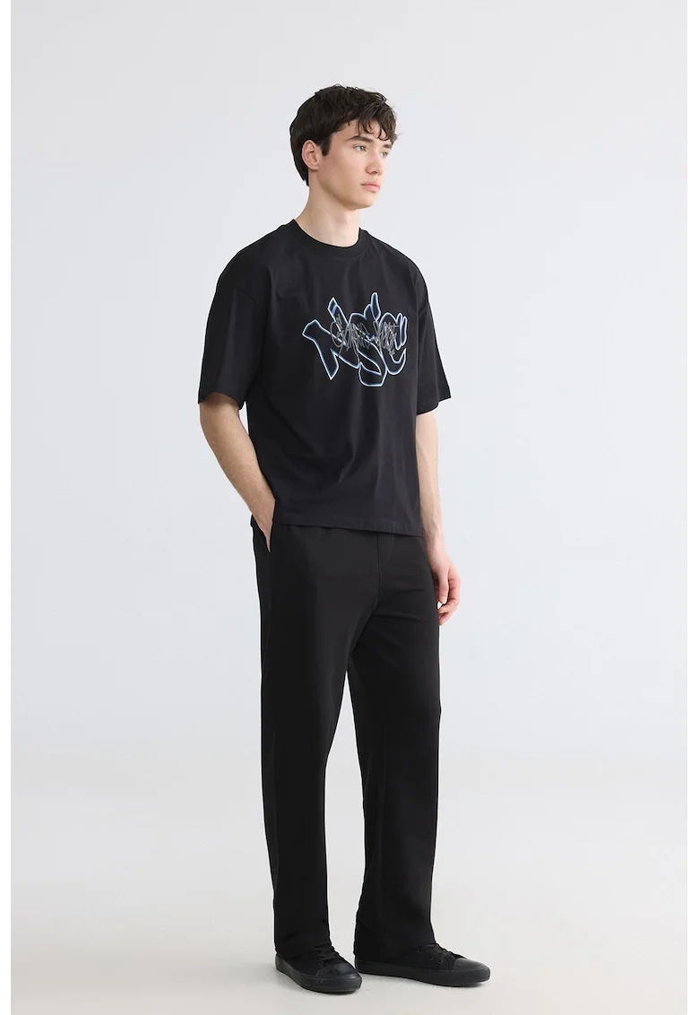 Tricou din bumbac cu imprimeu text, Negru/Albastru inchis