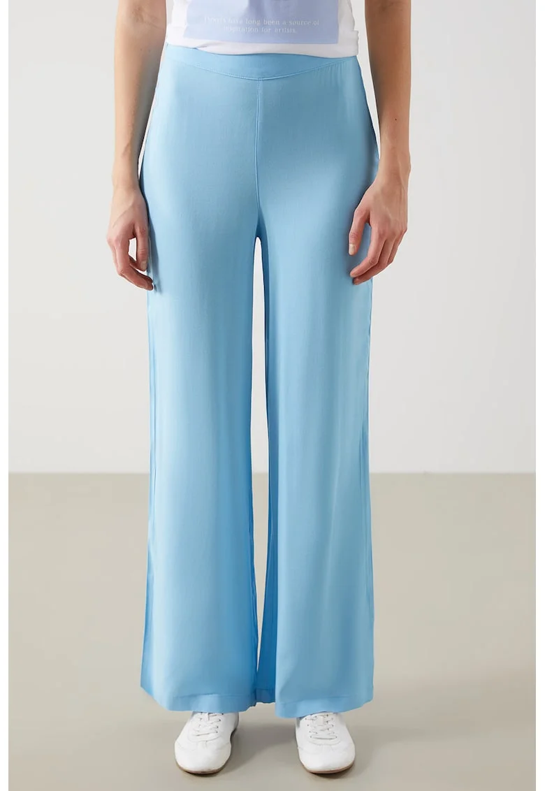 Pantaloni vaporosi cu talie inalta si croiala ampla, Albastru pastel