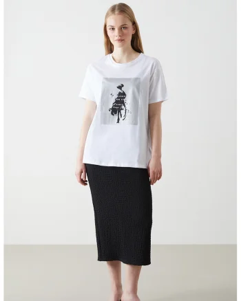 Tricou cu decolteu rotund si imprimeu, Alb/Negru