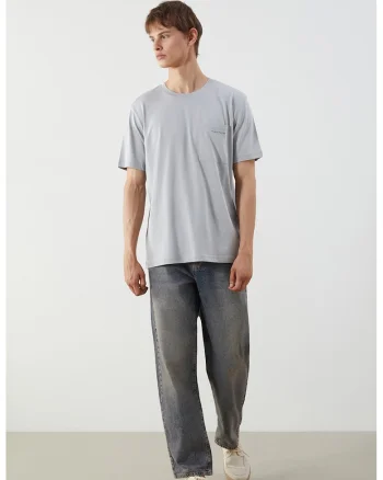 Tricou lejer din bumbac cu buzunar pe piept, Albastru pal
