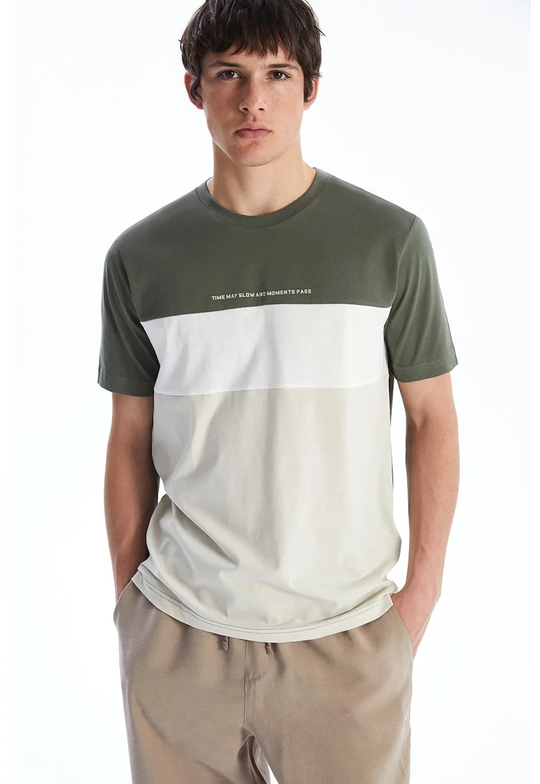 Tricou cu decolteu la baza gatului si design colorblock, Alb/Kaki
