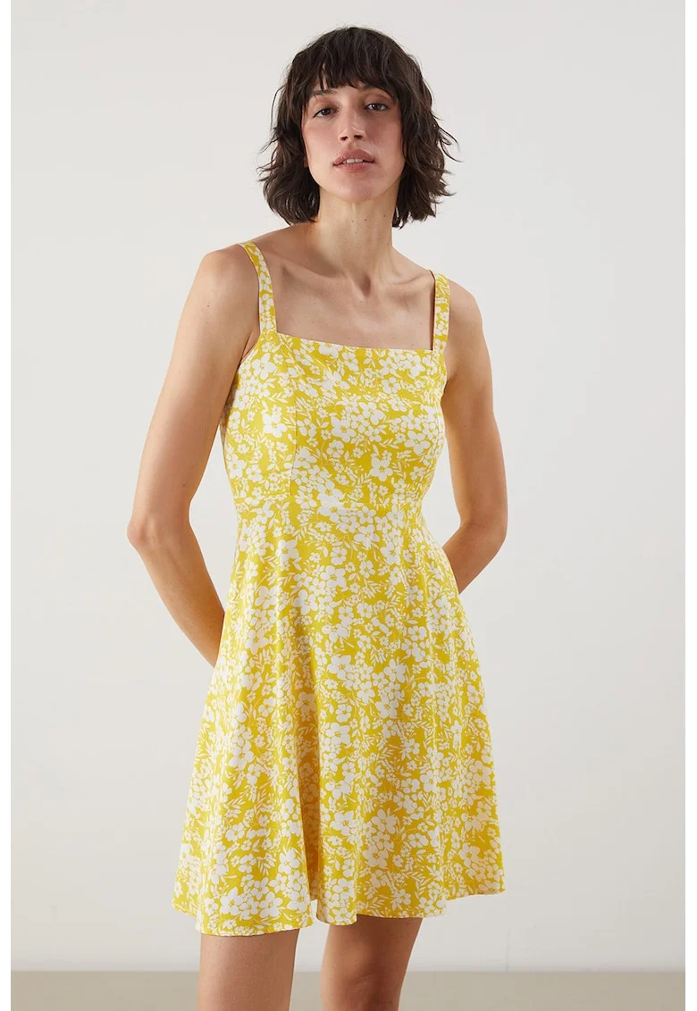 Rochie cu decolteu patrat si imprimeu floral, Galben/Alb murdar