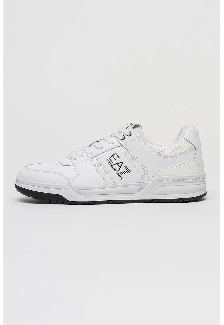 Pantofi sport din piele cu model cu perforatii, Negru stins/Alb optic