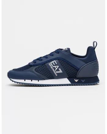 Pantofi sport din piele ecologica cu insertii din plasa, Alb optic/Bleumarin