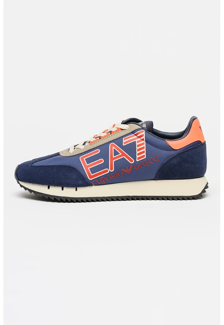 Pantofi sport din material textil cu insertii de piele intoarsa, Albastru inchis/Portocaliu mandarina