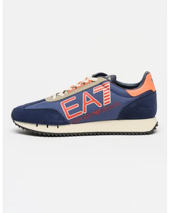 Pantofi sport din material textil cu insertii de piele intoarsa, Albastru inchis/Portocaliu mandarina