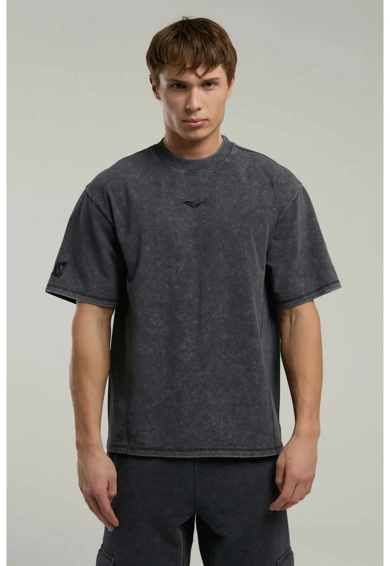 Tricou din amestec de bumbac cu decolteu la baza gatului si imprimeu cu logo, Gri cenusiu