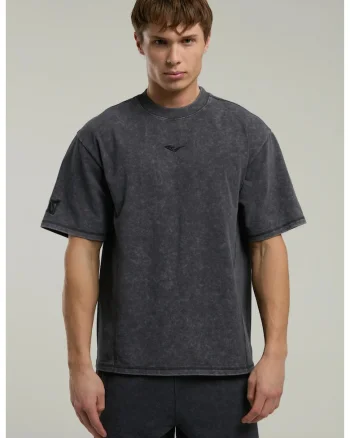 Tricou din amestec de bumbac cu decolteu la baza gatului si imprimeu cu logo, Gri cenusiu