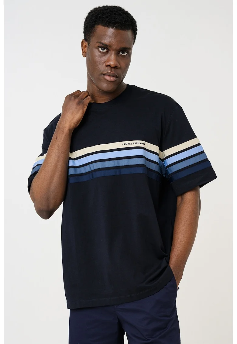 Tricou din bumbac cu decolteu la baza gatului, Negru/Albastru inchis/Bej deschis