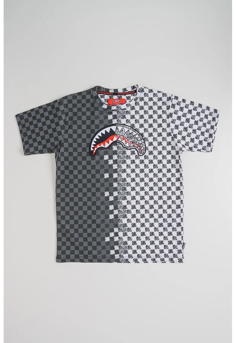 Tricou in carouri cu model in doua nuante, Alb murdar/Gri inchis