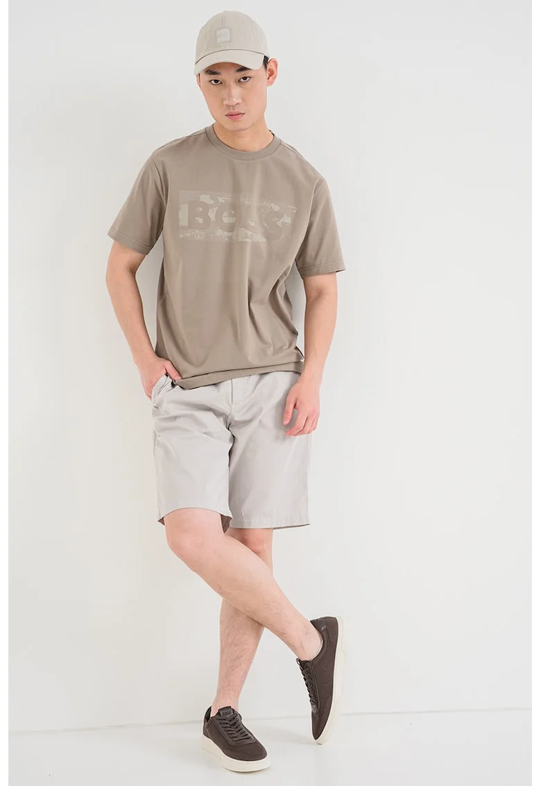 Tricou cu decolteu la baza gatului si logo, Maro taupe