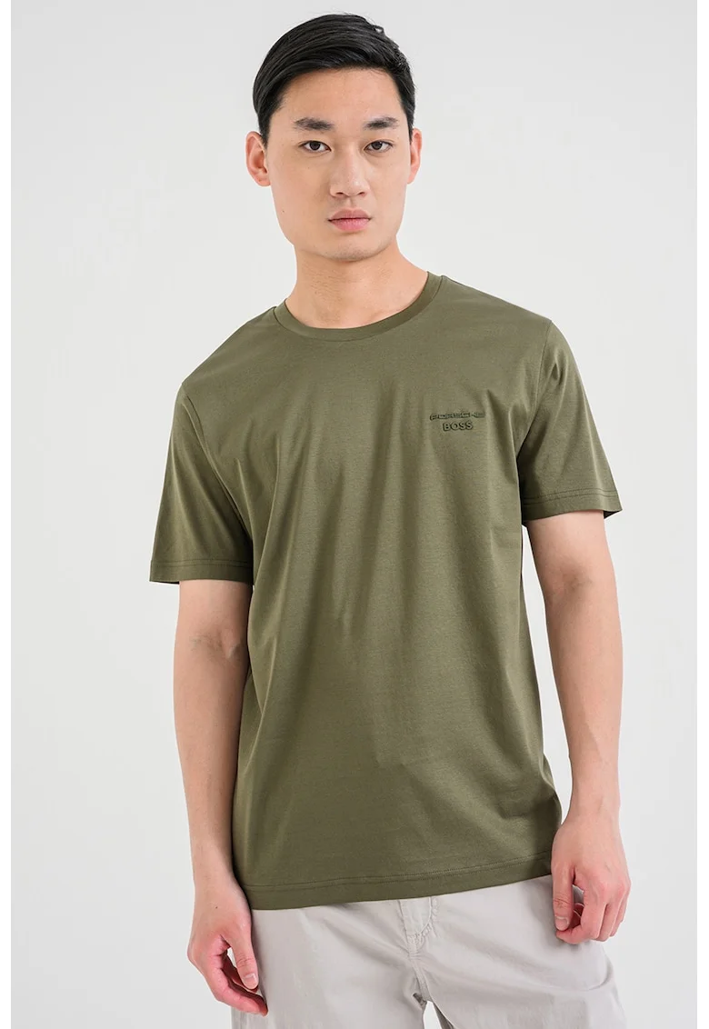 Tricou de bumbac cu decolteu la baza gatului, Kaki inchis