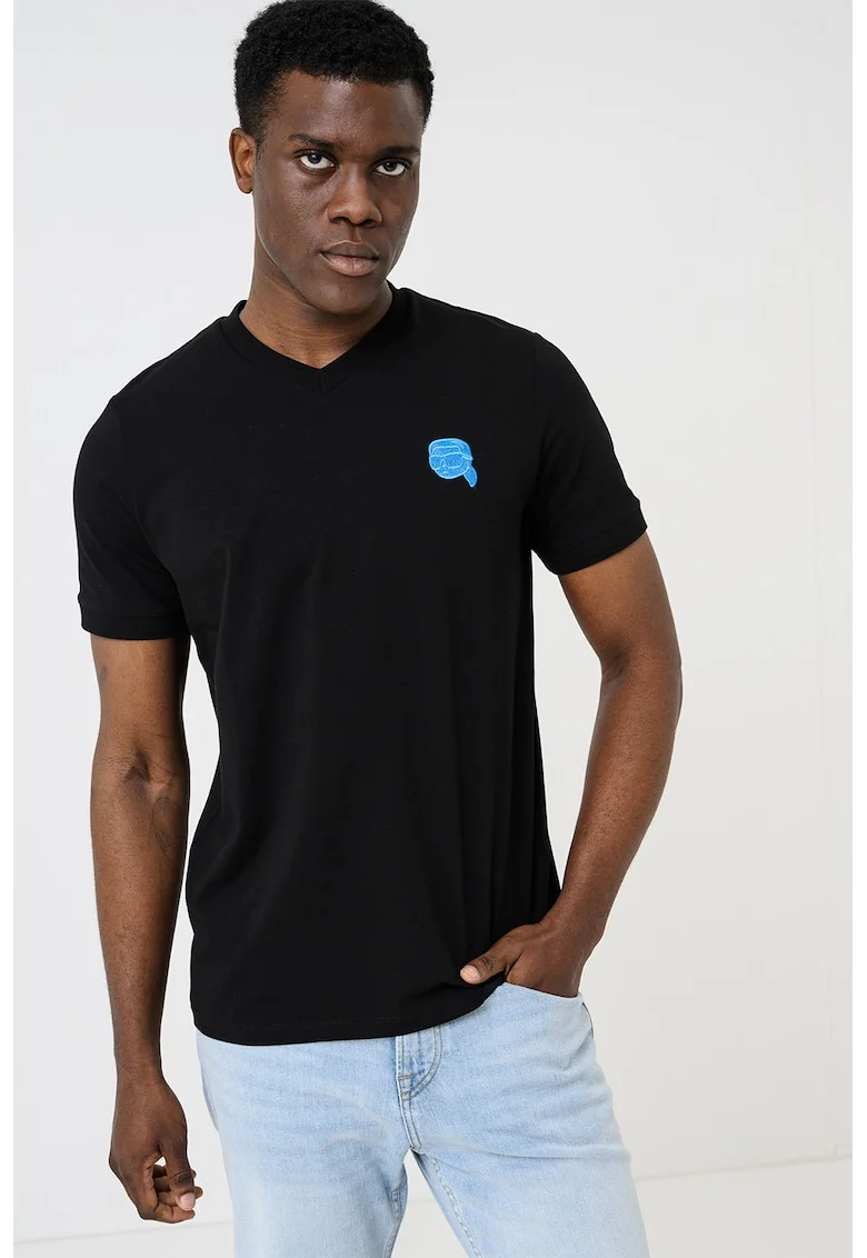 Tricou slim fit cu decolteu in V, Albastru pastel/Negru